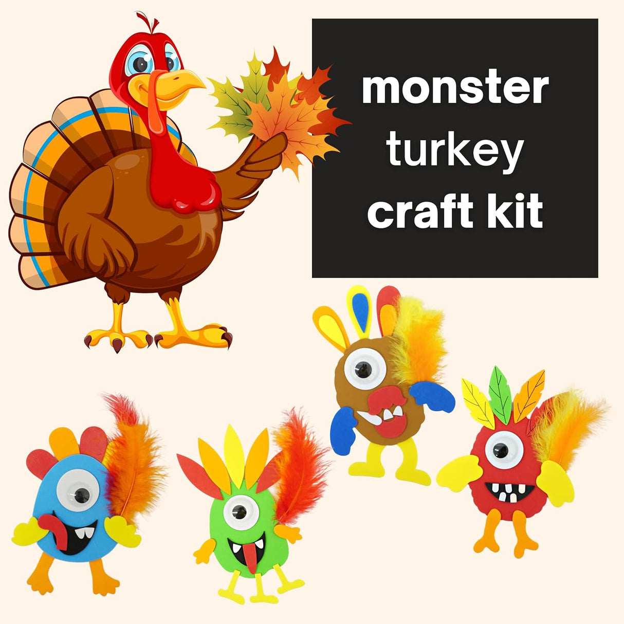 4E's Novelty 12-Pack Monster Turkey Crafts for Kids – Fun Thanksgiving Activity Kit for Ages 4-12