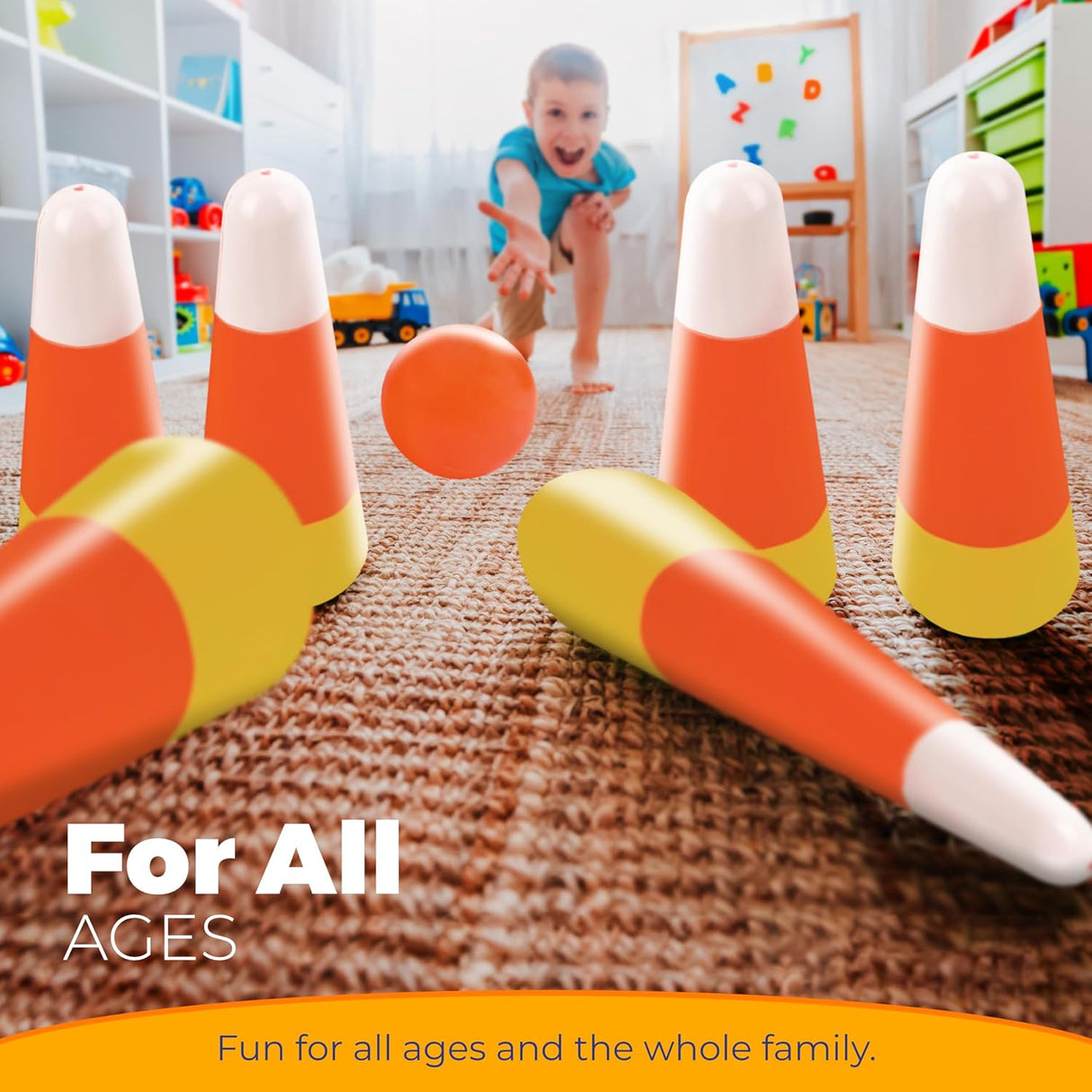 4E's Novelty Candy Corn Bowling Set for Kids & Adults - Halloween Bowling Game, Bowling Ball & 10 Plastic Bowling Pins Set, Fun Bowling Party Favors