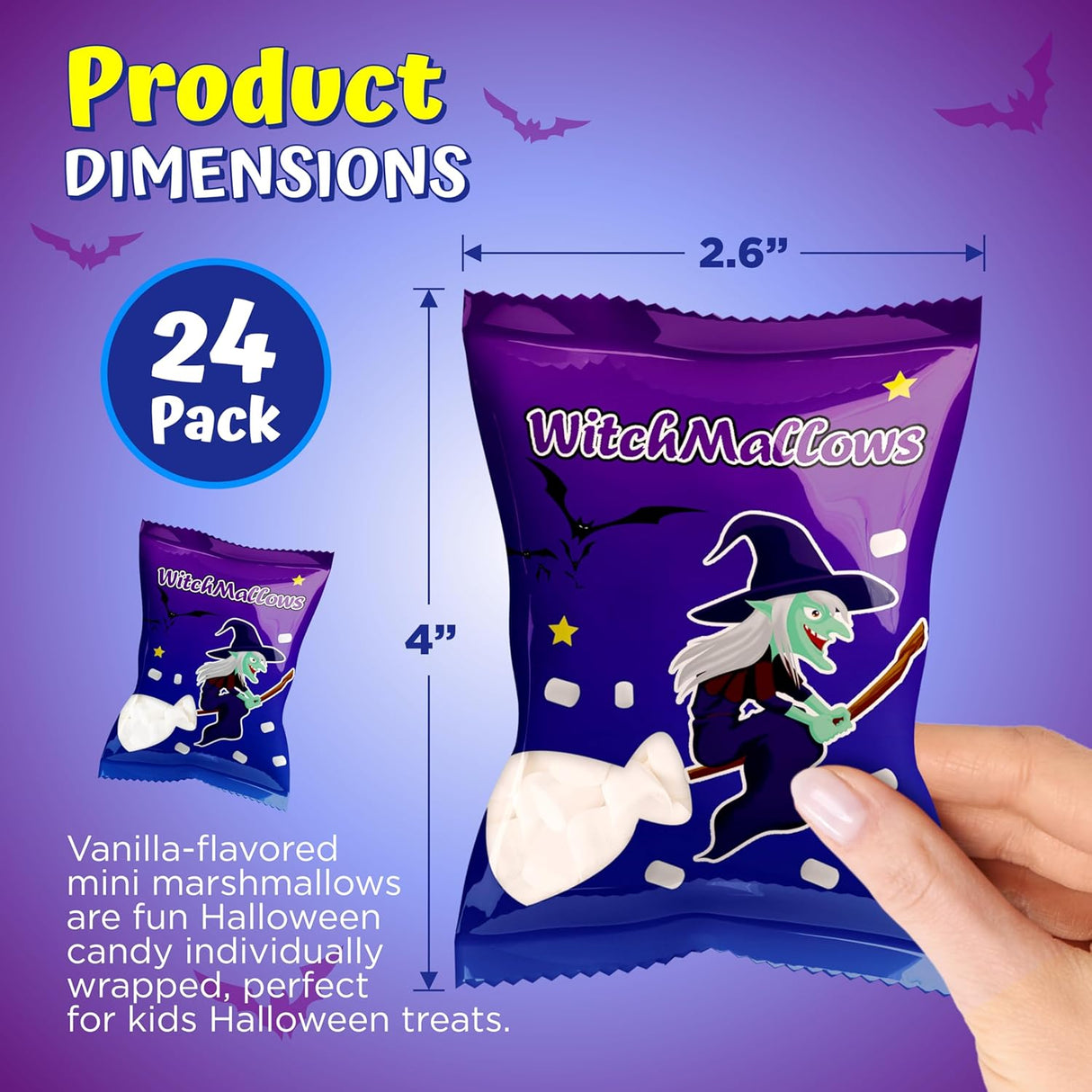 4E's Novelty 24 Pack Witchmallows Mini Marshmallows Vanilla - Blue & Purple Fun Halloweens Candy