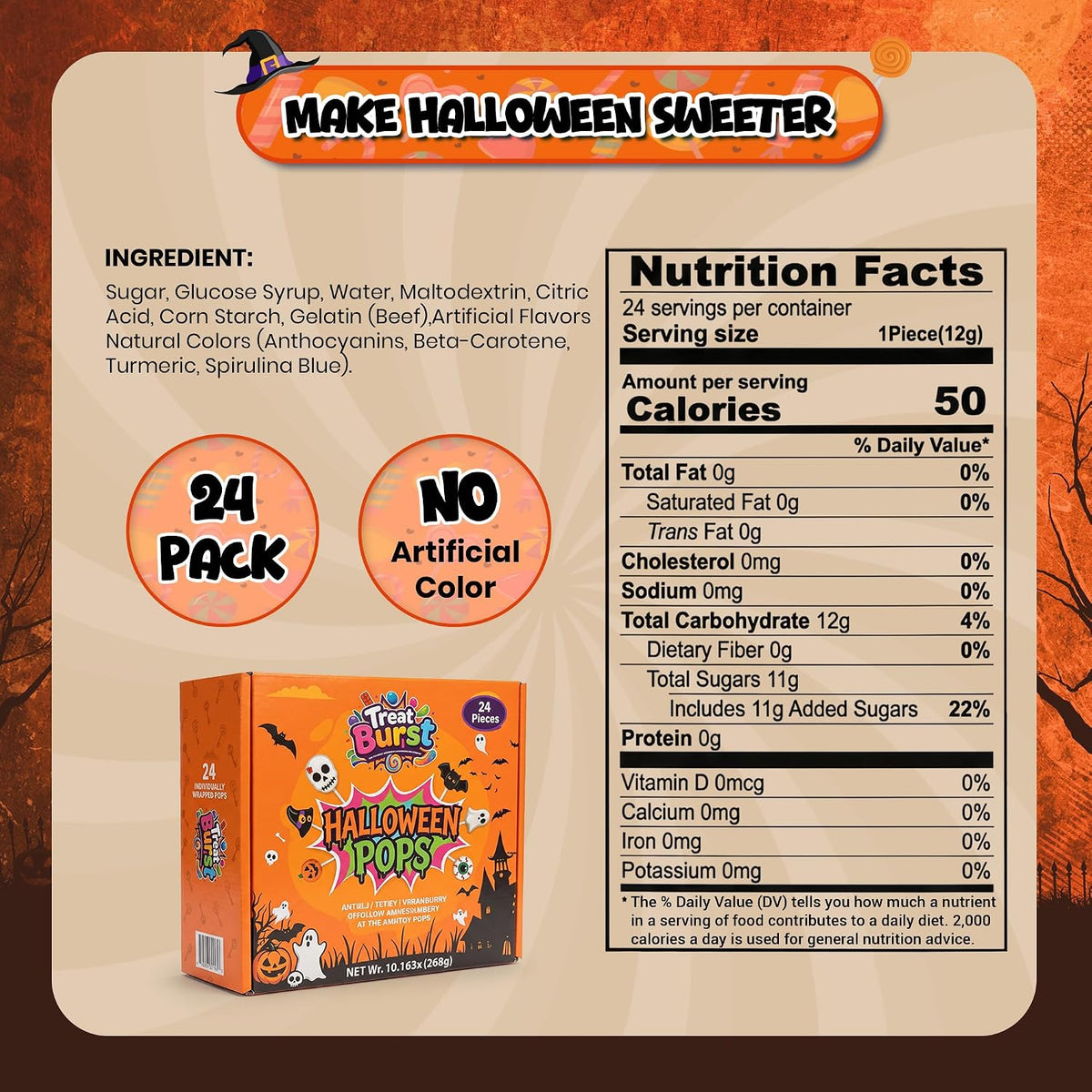 Treat Burst Halloween Lollipops 24 Pack – Dye-Free Fruity Candy