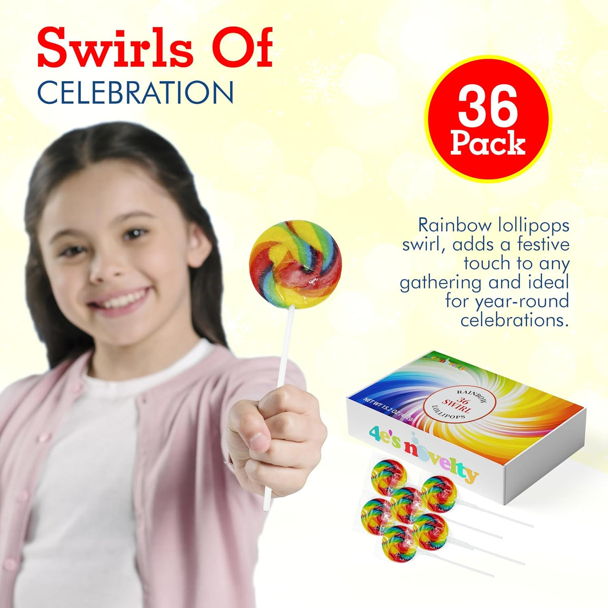 4E's Novelty 36-Pack Swirl Lollipops – Individually Wrapped Rainbow Candy for Party Favors & Holiday Treats