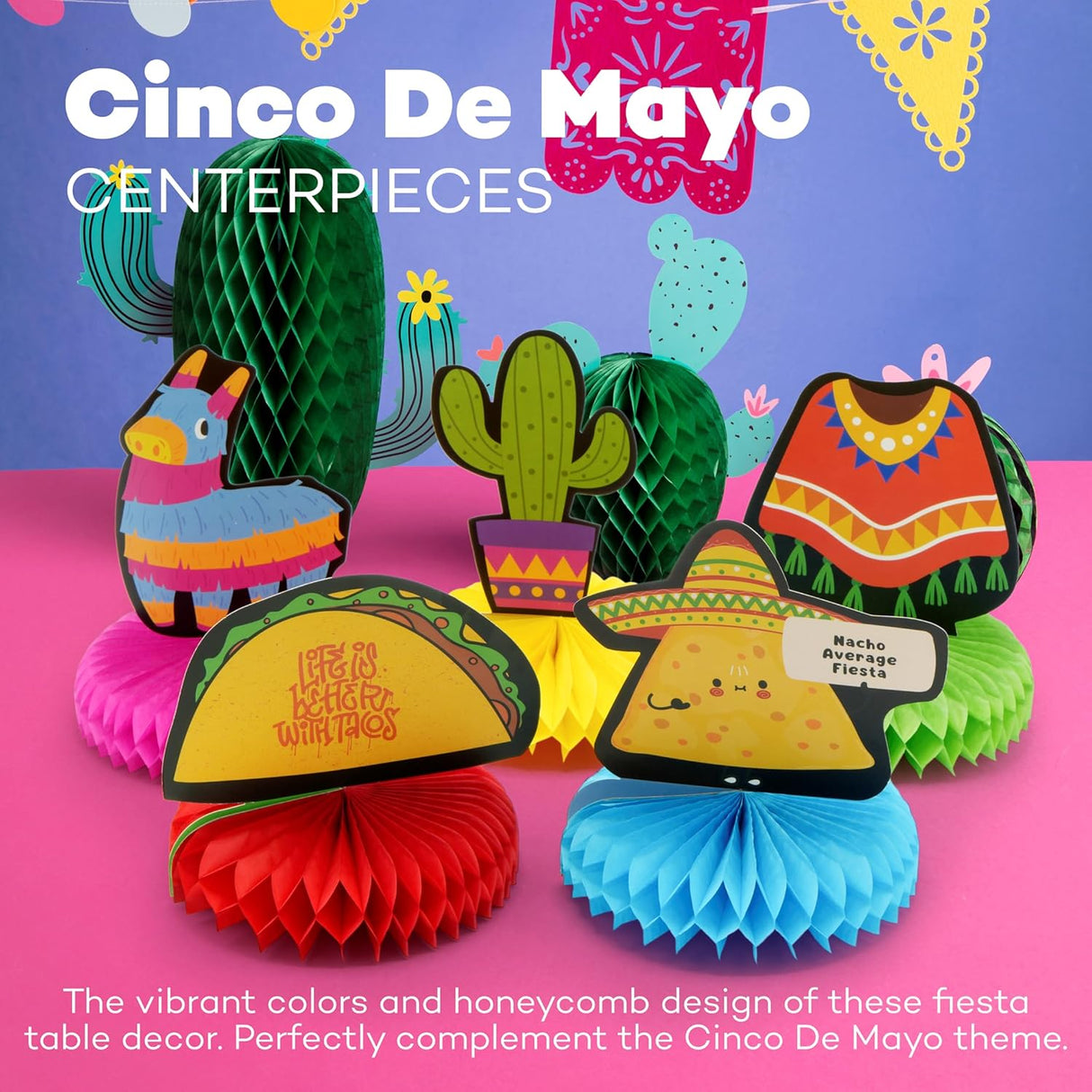 4E's Novelty 5 Pack Cinco de Mayo Honeycomb Centerpiece – Fiesta Party Decorations for Taco Tuesday, Birthdays & Mexican Theme Events