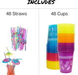 4E's Novelty 48-Pack Tropical Party Cups with Parasol Straws – Vibrant Hawaiian Luau Drinkware Set