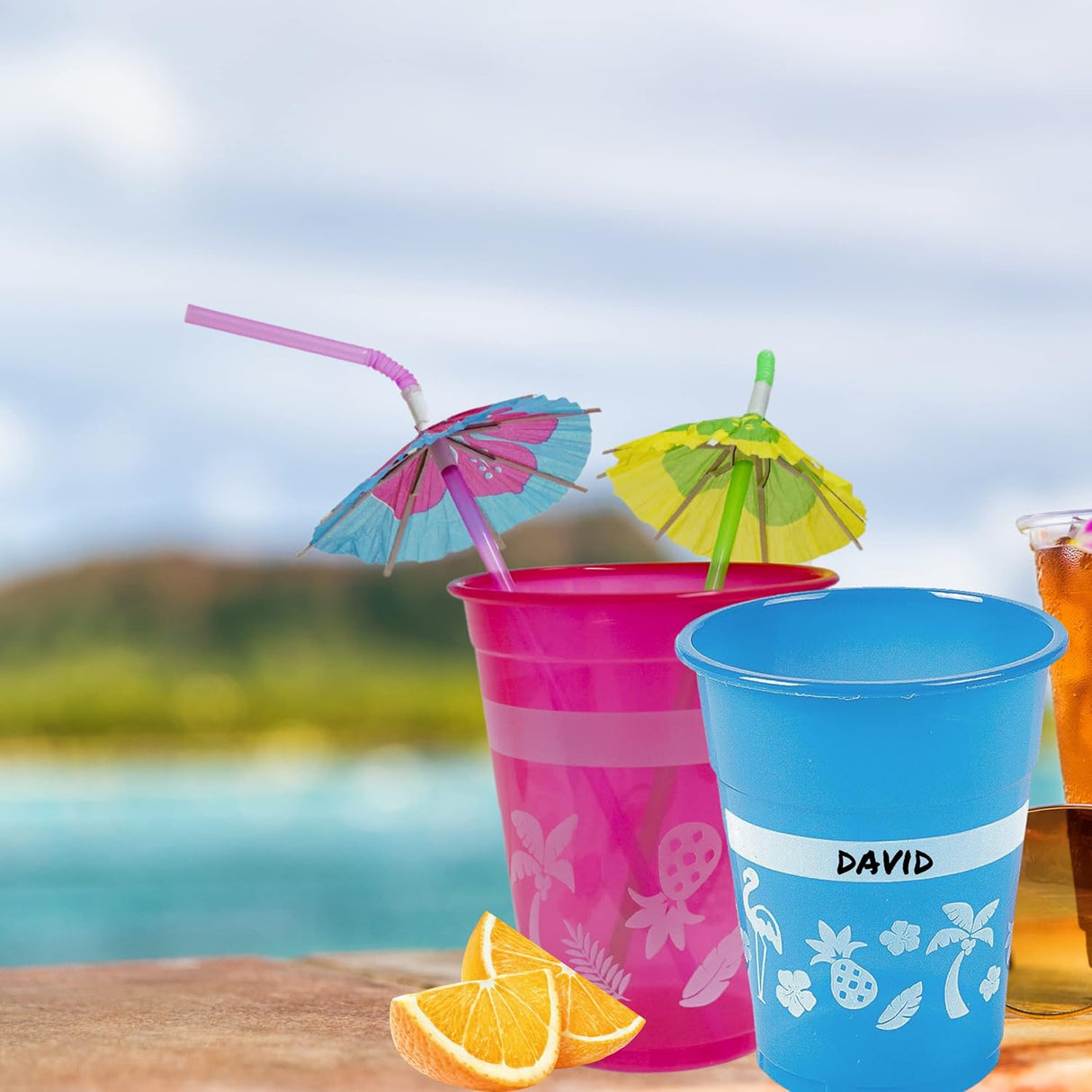 4E's Novelty 48-Pack Tropical Party Cups with Parasol Straws – Vibrant Hawaiian Luau Drinkware Set