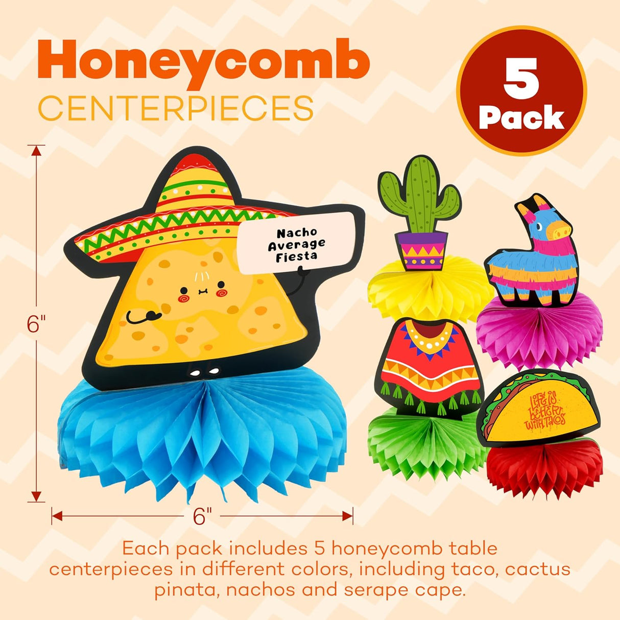 4E's Novelty 5 Pack Cinco de Mayo Honeycomb Centerpiece – Fiesta Party Decorations for Taco Tuesday, Birthdays & Mexican Theme Events