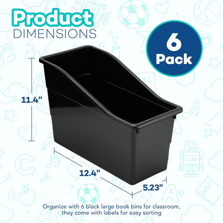 4E's Novelty 6 Pack Large Book Bin with Labels Plastic Bins for Books
