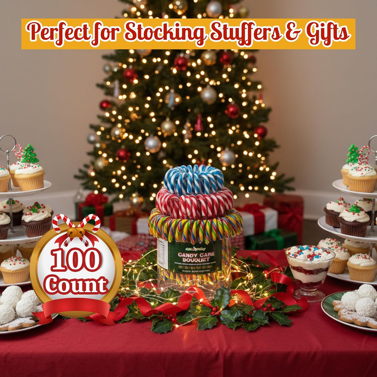 4E's Novelty Christmas Candy Canes, 100 Count Multi Colored Xmas Candies Canes