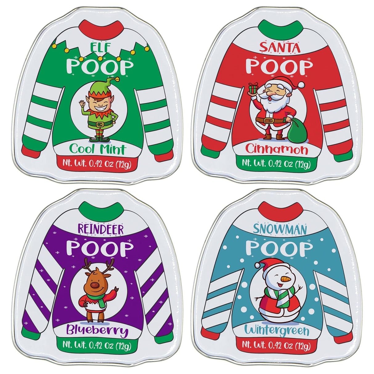 4E's Novelty Christmas Poop Mint Candy – Funny Stocking Stuffers in Ugly Sweater Tins (4 Pack)