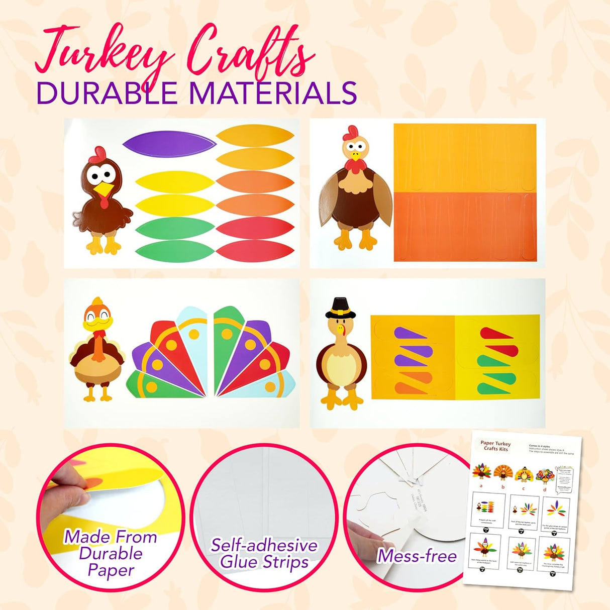 PRANK PANTRY Turkey Craft Kit, 4 Pcs Thanksgiving Crafts Kits for Kids, Thankful Turkey Activity