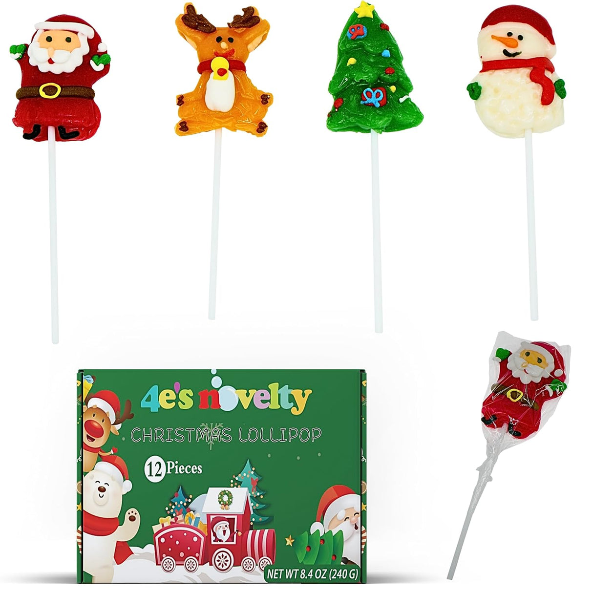 4E's Novelty Christmas Lollipops - 12 Pack Santa, Snowman, Reindeer & Tree Suckers