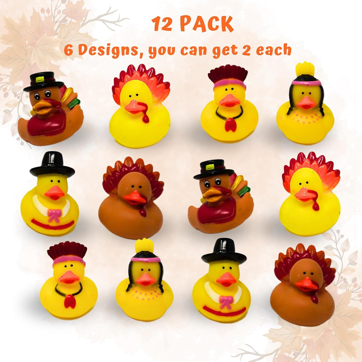 4E's Novelty Thanksgiving Rubber Duckies in Bulk (12 Pack) – Turkey & Pilgrim Thanksgiving Rubber Ducks, Holiday Rubber Ducks for Kids Party Favors