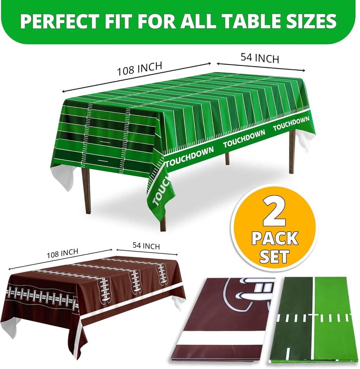 4E's Novelty 2-Pack Football Party Tablecloths – Disposable 54x108” Covers for Game Day Decor