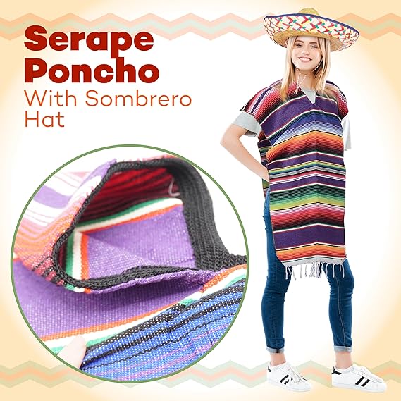 4E's Novelty Mexican Serape Poncho with Sombrero Hat Costume – Fiesta Party Dress Up