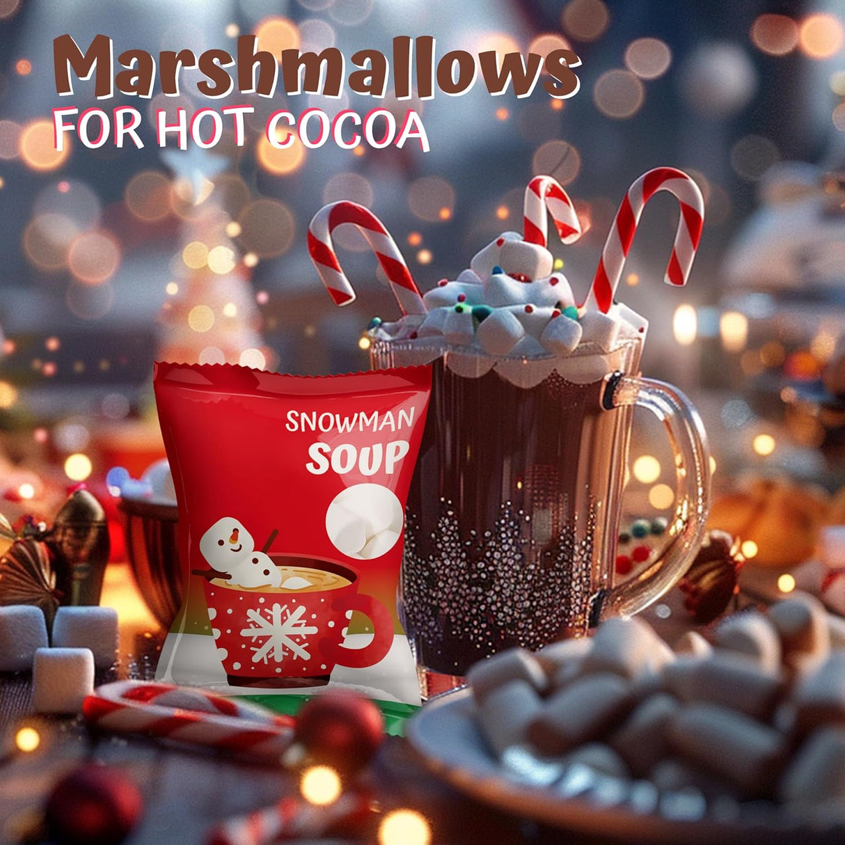4E's Novelty Snowman Soup Mini Marshmallow 50 Packs - Individually Wrapped Marshmallows Packets for Hot Chocolate Cocoa Topper & Stocking Stuffers