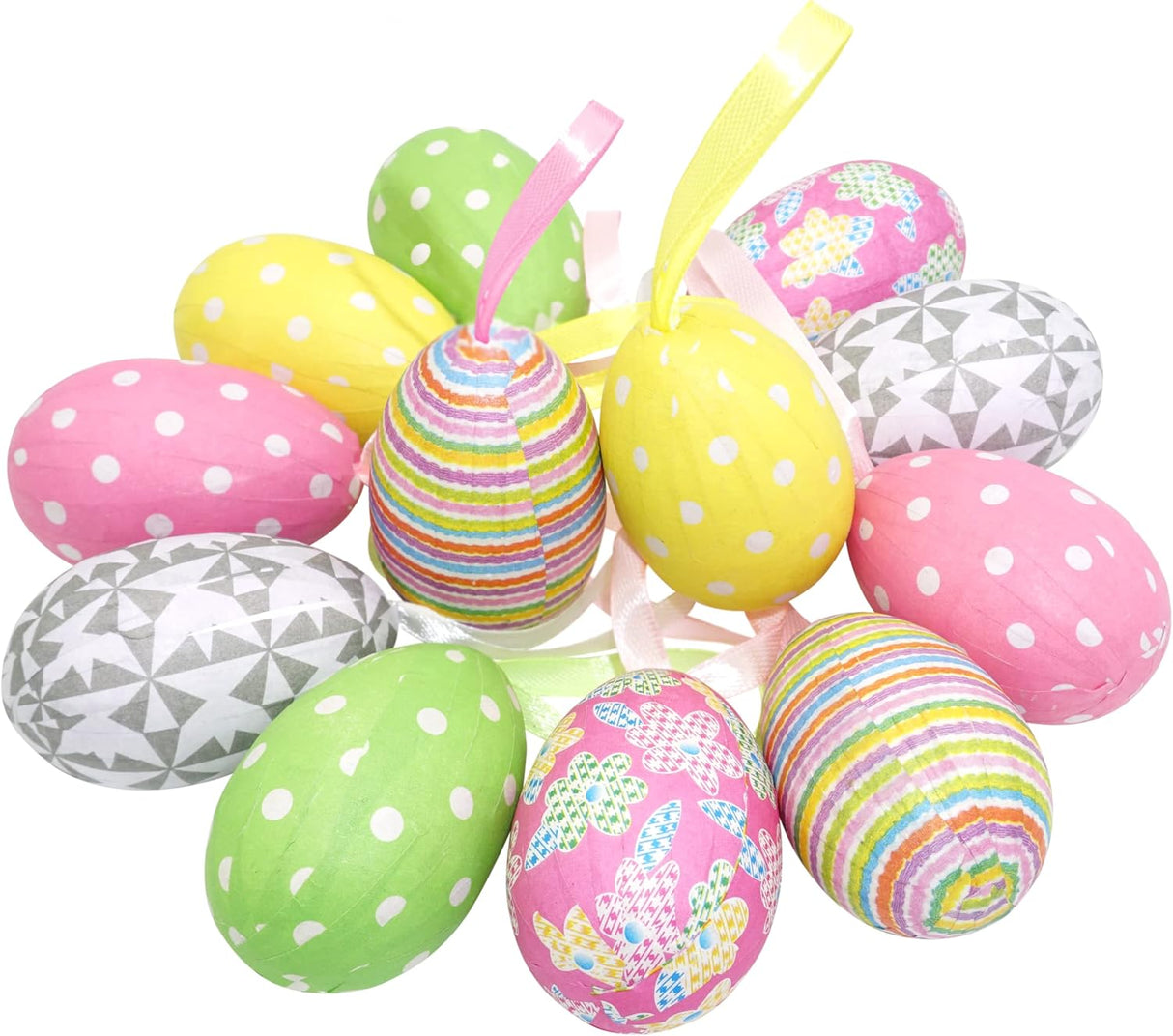 4E's Novelty Easter Tree Ornaments - 2.25" Paper Mache Easter Egg Decorations, Set of 12