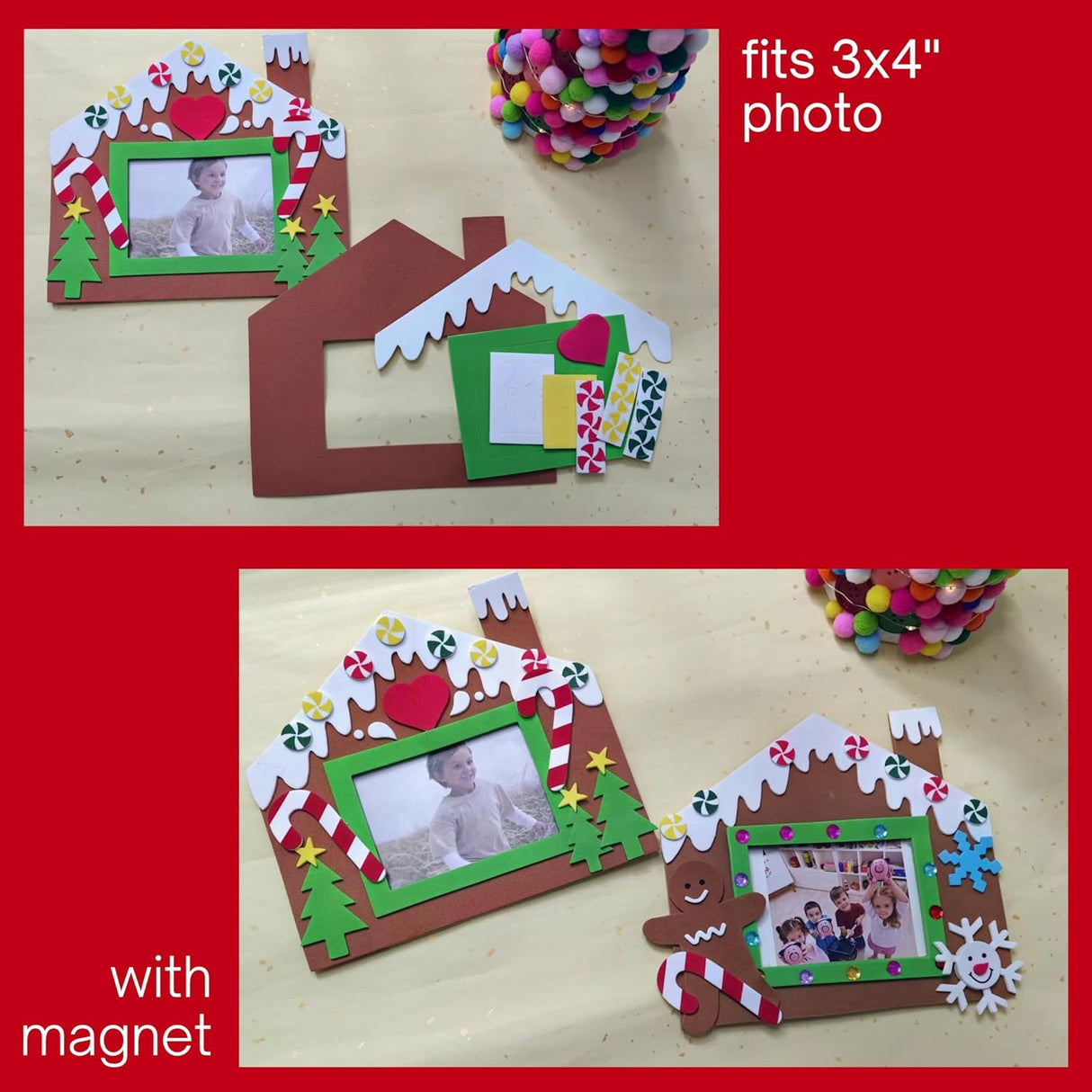 4E's Novelty Foam Gingerbread House Picture Frame Craft (12 Pack) – DIY Self Adhesive Christmas Photo Magnet Craft Kits for Kids Ages 3+ Bulk