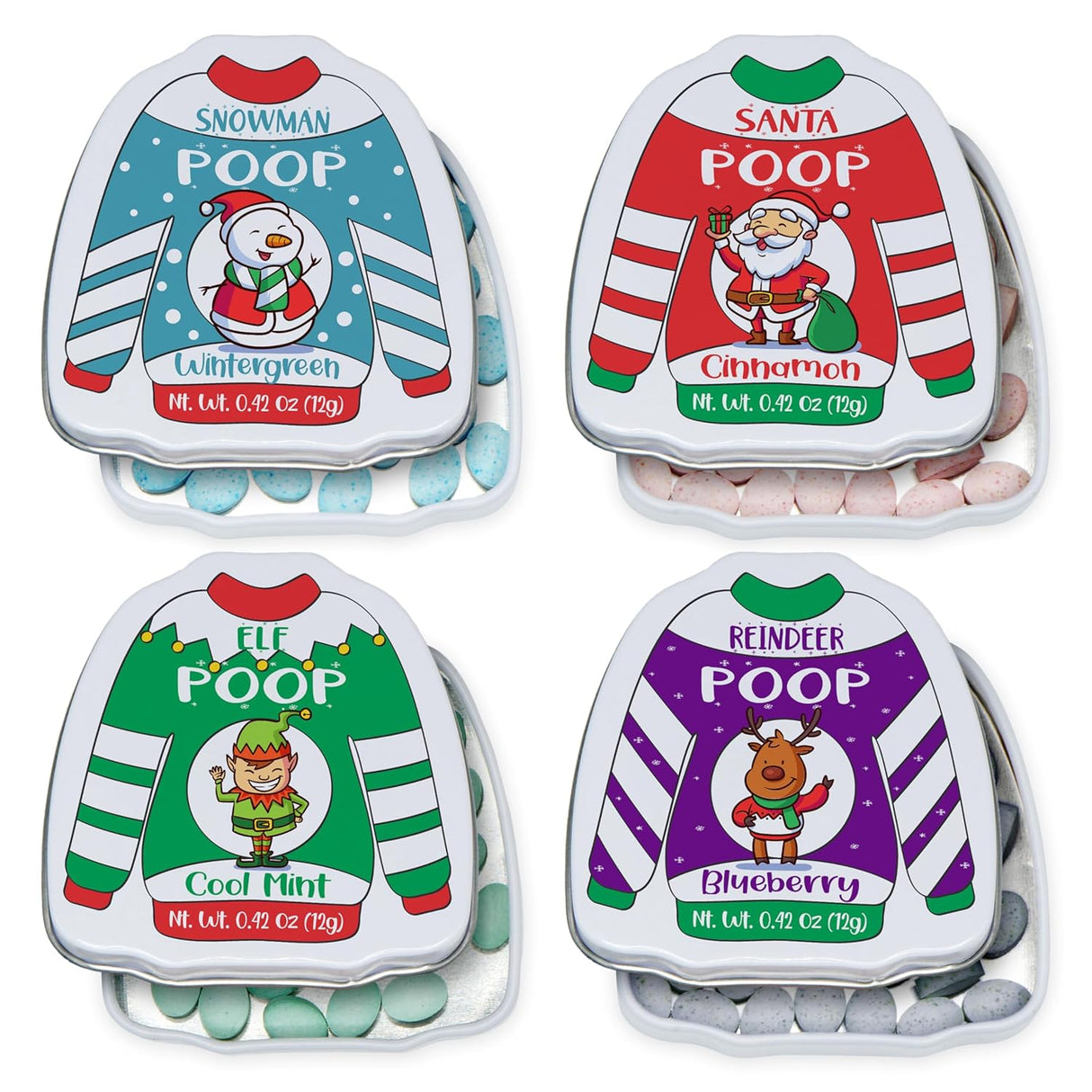 4E's Novelty Christmas Poop Mint Candy – Funny Stocking Stuffers in Ugly Sweater Tins (4 Pack)