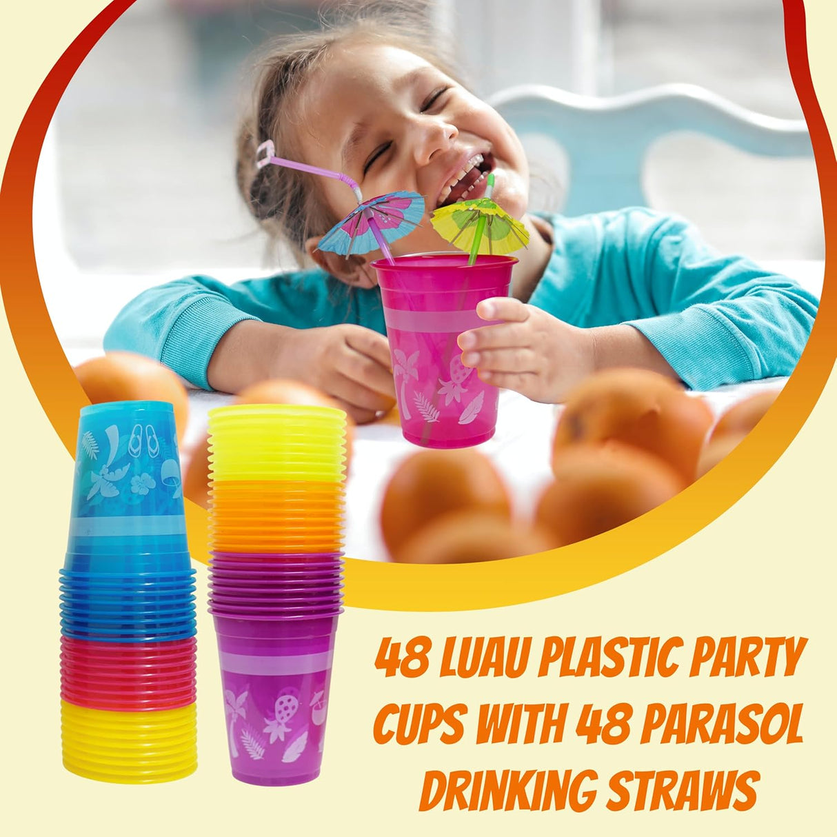 4E's Novelty 48-Pack Tropical Party Cups with Parasol Straws – Vibrant Hawaiian Luau Drinkware Set