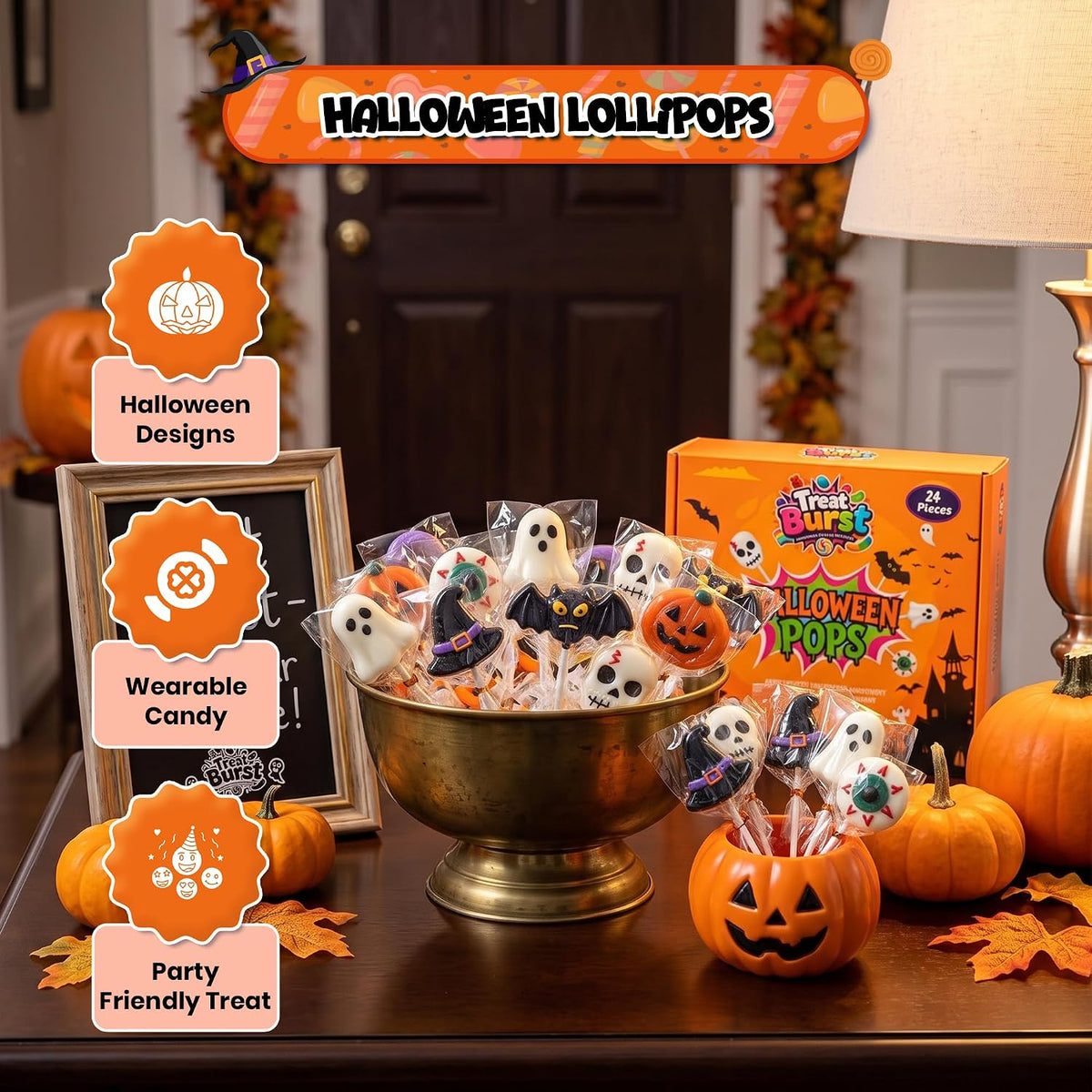 Treat Burst Halloween Lollipops 24 Pack – Dye-Free Fruity Candy