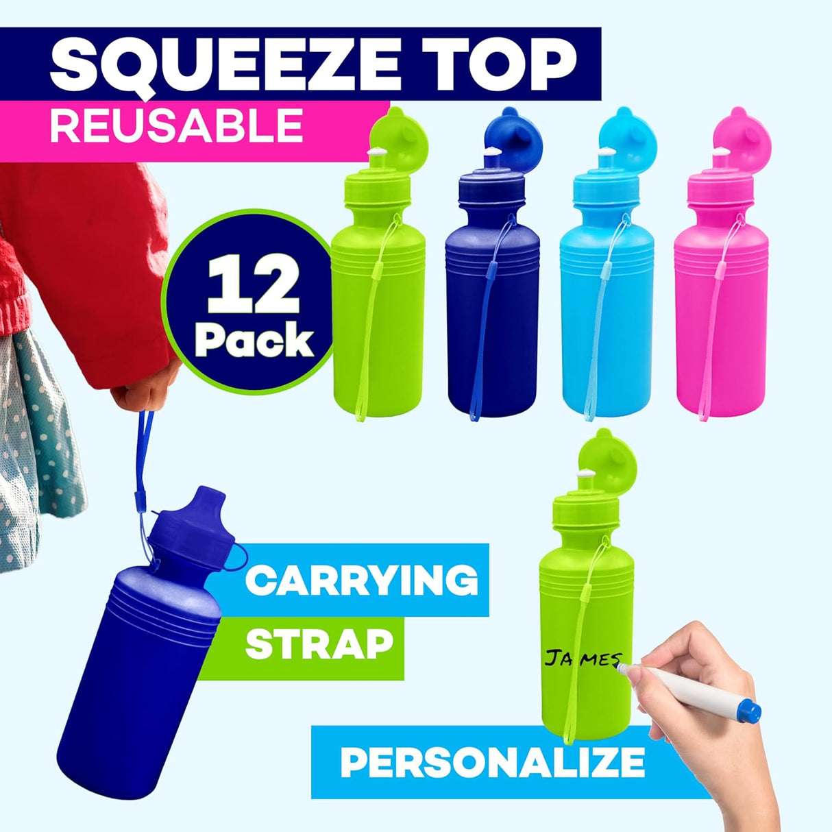 4E's Novelty 22 Pack Water Sports Bottles for Kids Bulk, 18 oz Squeeze Reusable Plastic Neon Colors BPA Free Bike Water Bottles, Party Favor, End of Year Student Gifts from Teacher