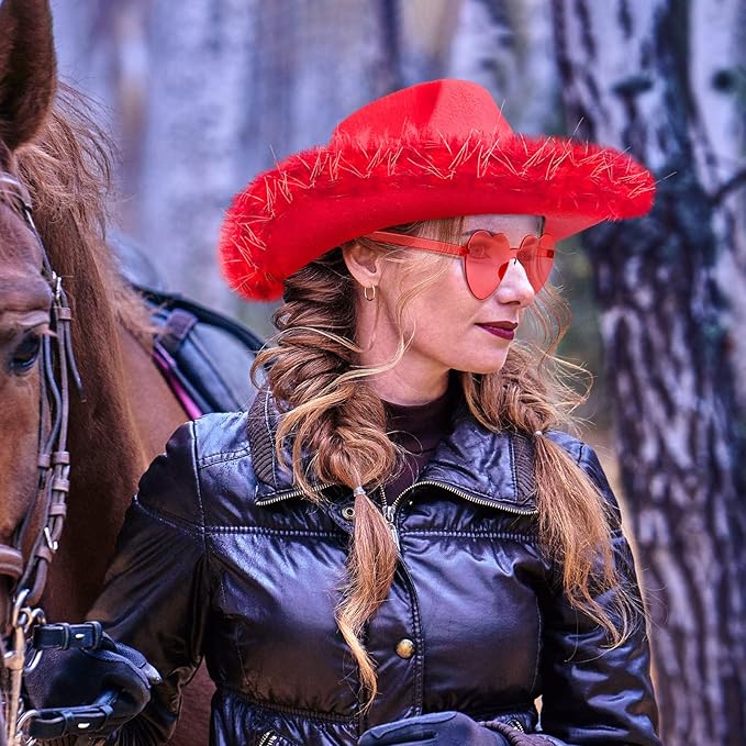 Cowgirl Hat with Feathers & Heart Sunglasses - Felt, Women's Costume
