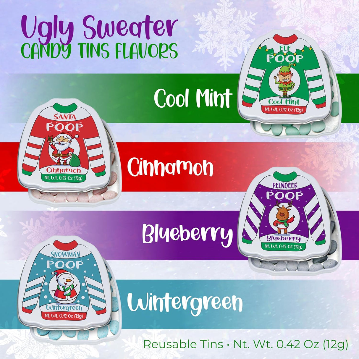 4E's Novelty Christmas Poop Mint Candy – Funny Stocking Stuffers in Ugly Sweater Tins (4 Pack)