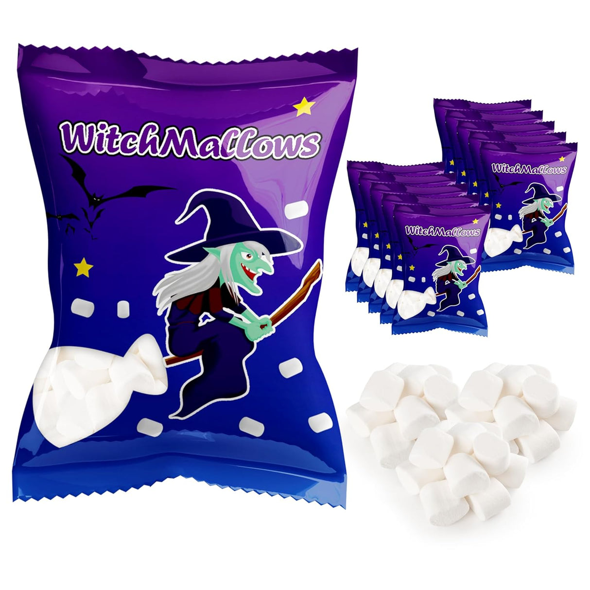 4E's Novelty 24 Pack Witchmallows Mini Marshmallows Vanilla - Blue & Purple Fun Halloweens Candy