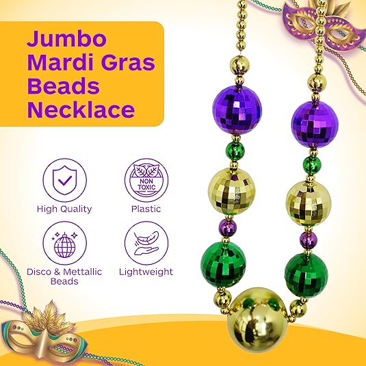 45E's Novelty 2 Pack Jumbo Mardi Gras Beads Necklace – 44" Giant Disco Ball Beads, Festive Colors for Party and Parade