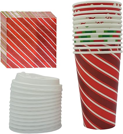 4E's Novelty Christmas Paper Cups Disposable 16 oz With Lids & Napkins (12 Packs) for Christmas Hot Cocoa Party Supplies, Hot Chocolate Bar