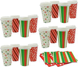 4E's Novelty Christmas Paper Cups Disposable 16 oz With Lids & Napkins (12 Packs) for Christmas Hot Cocoa Party Supplies, Hot Chocolate Bar