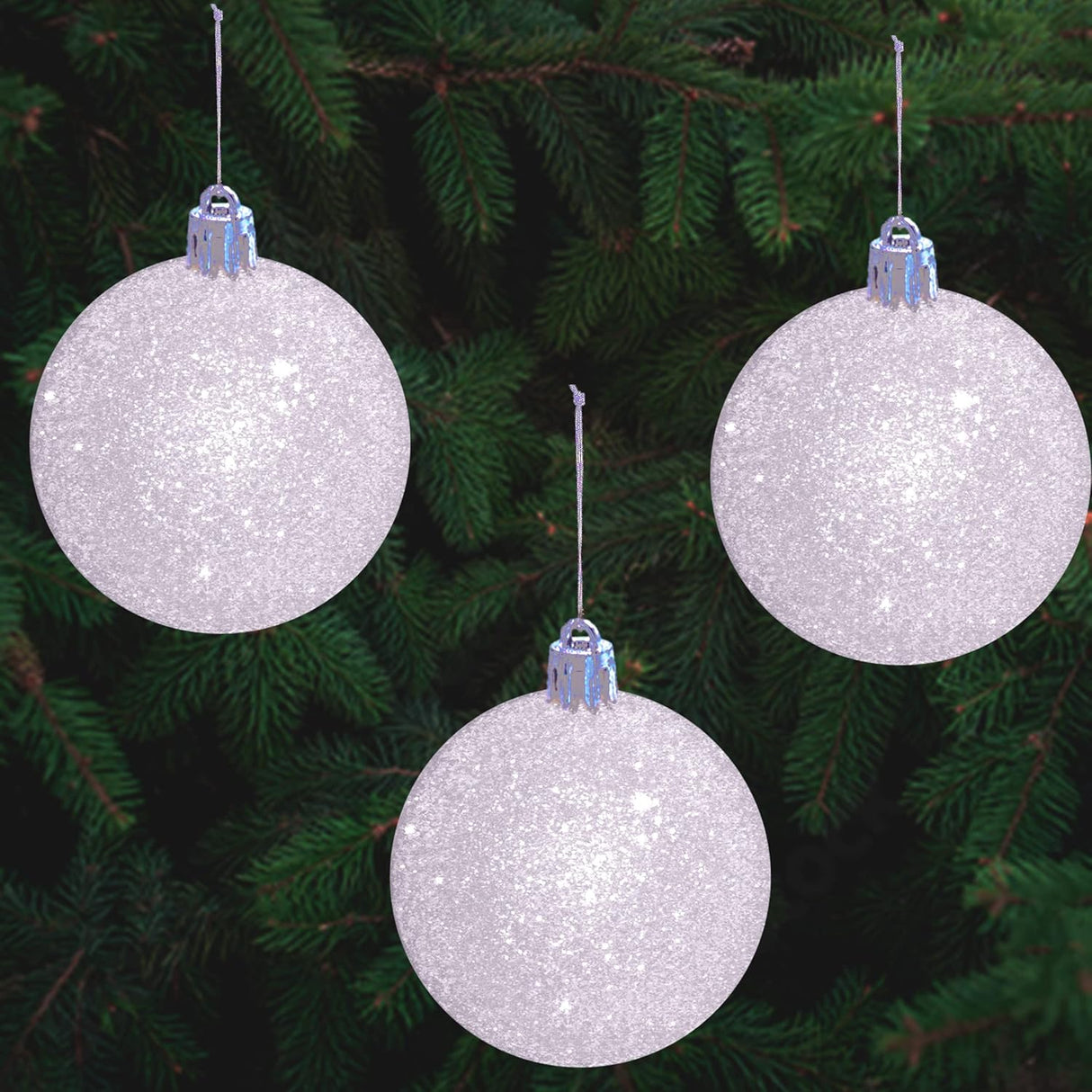 4E's Novelty White Snowball Christmas Ornaments 18 Pack – Large 2.36” Shatterproof Glitter Ornaments for Christmas Tree, Winter Wonderland Decorations