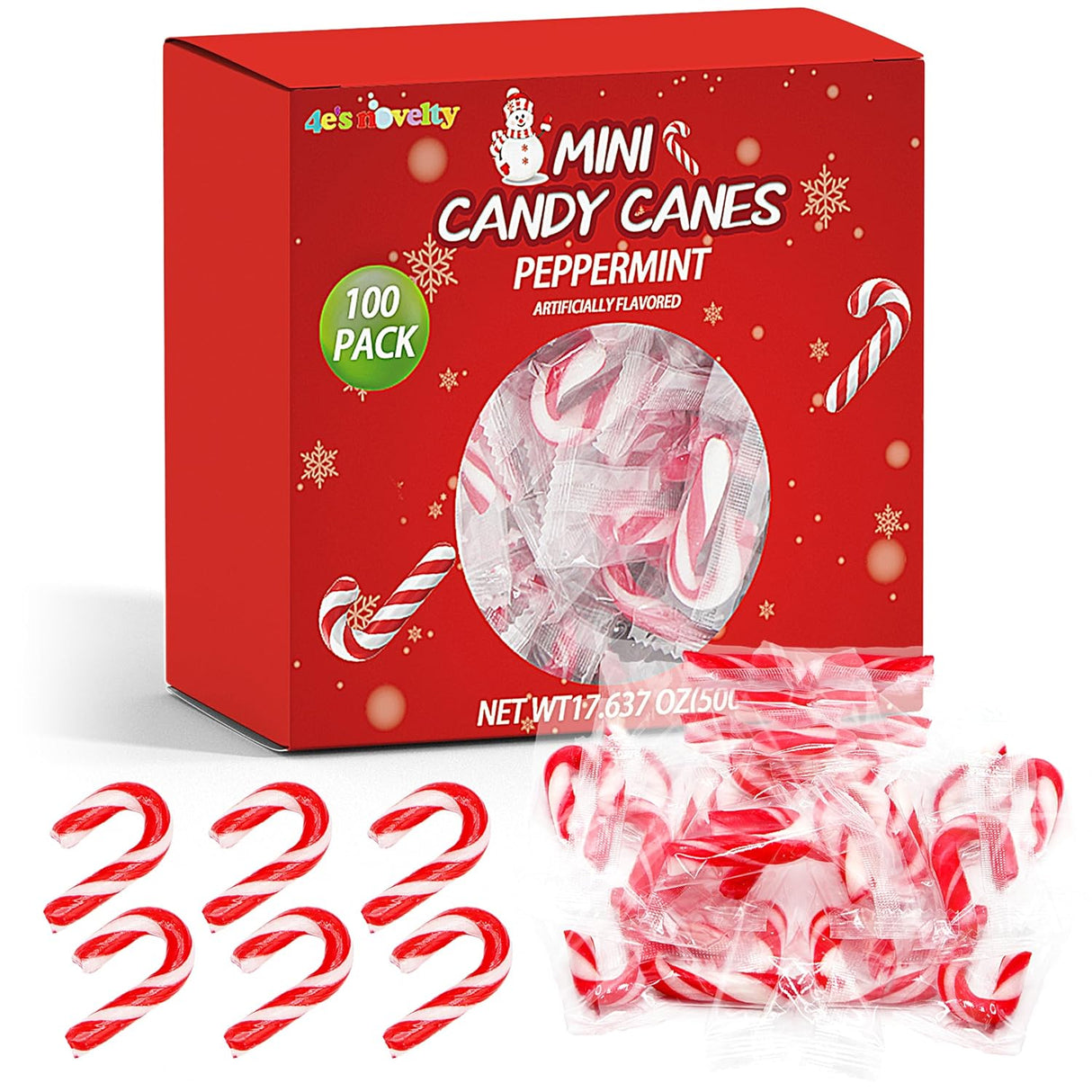 4E's Novelty 100pc Mini Candy Canes Bulk - Individually Wrapped, Classic Peppermint Flavor