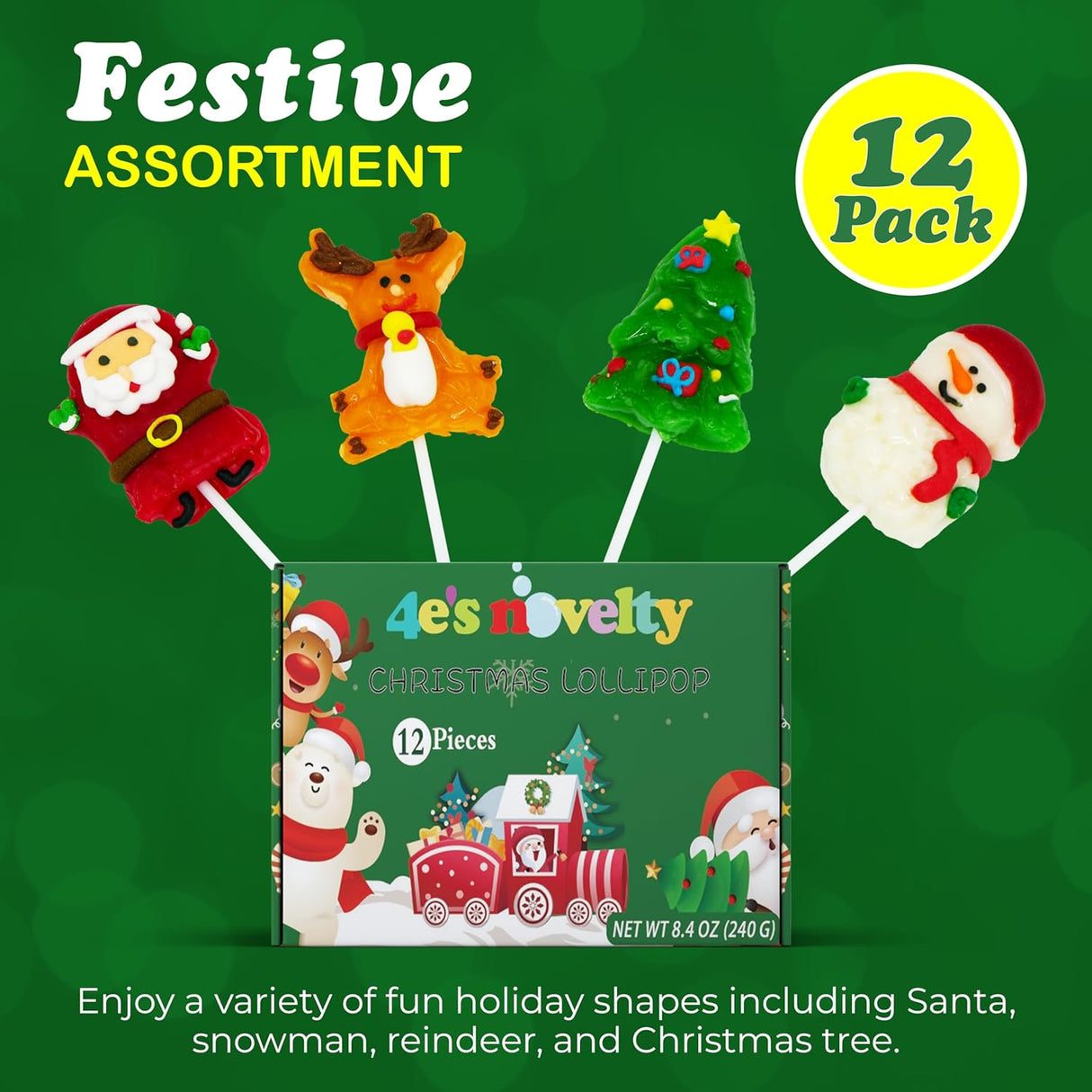 4E's Novelty Christmas Lollipops - 12 Pack Santa, Snowman, Reindeer & Tree Suckers