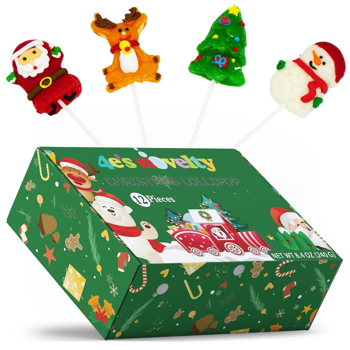 4E's Novelty Christmas Lollipops - 12 Pack Santa, Snowman, Reindeer & Tree Suckers