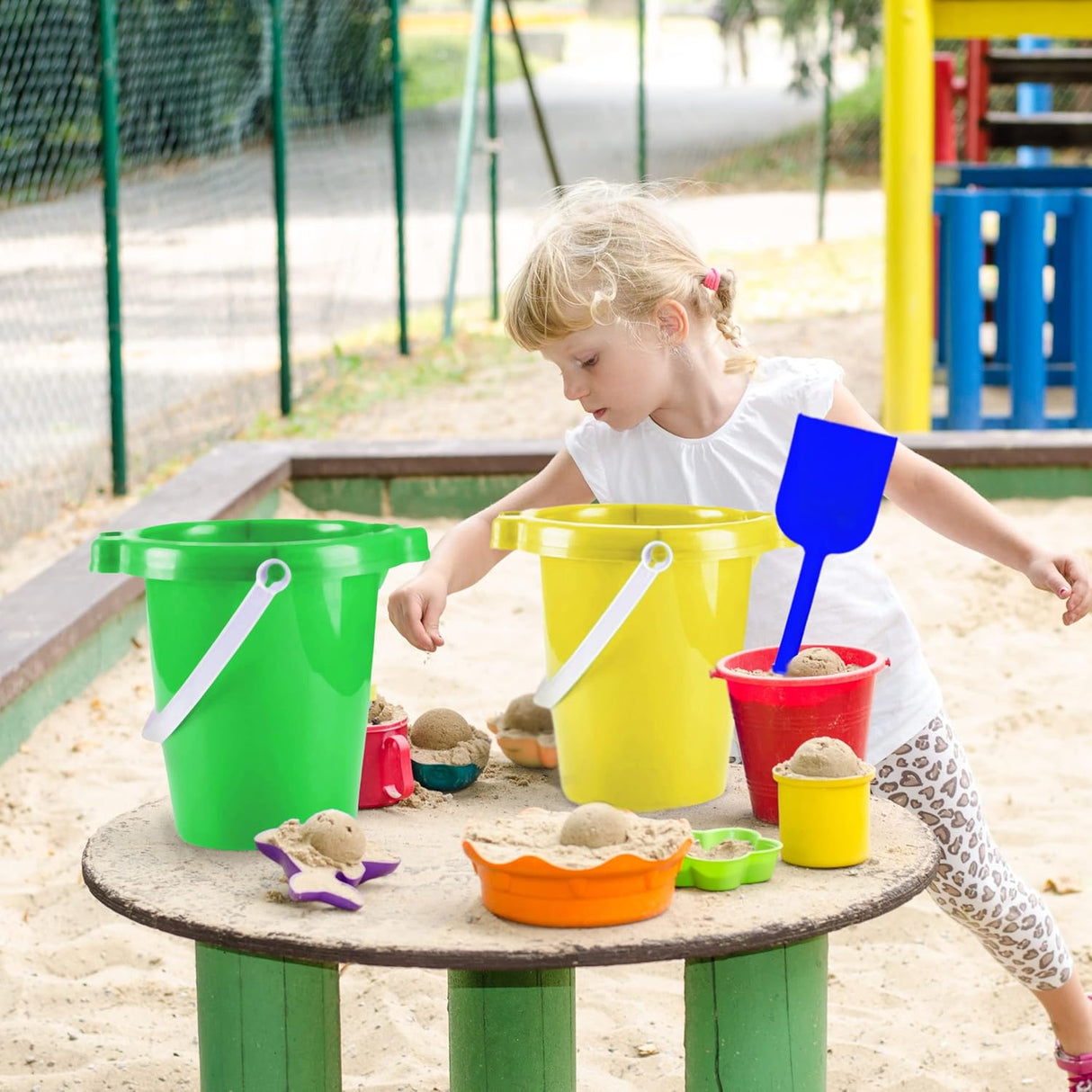4E's Novelty 6 Pack Beach Buckets with Shovels – 7.5" Sand Pails & Shovels for Kids' Outdoor Play