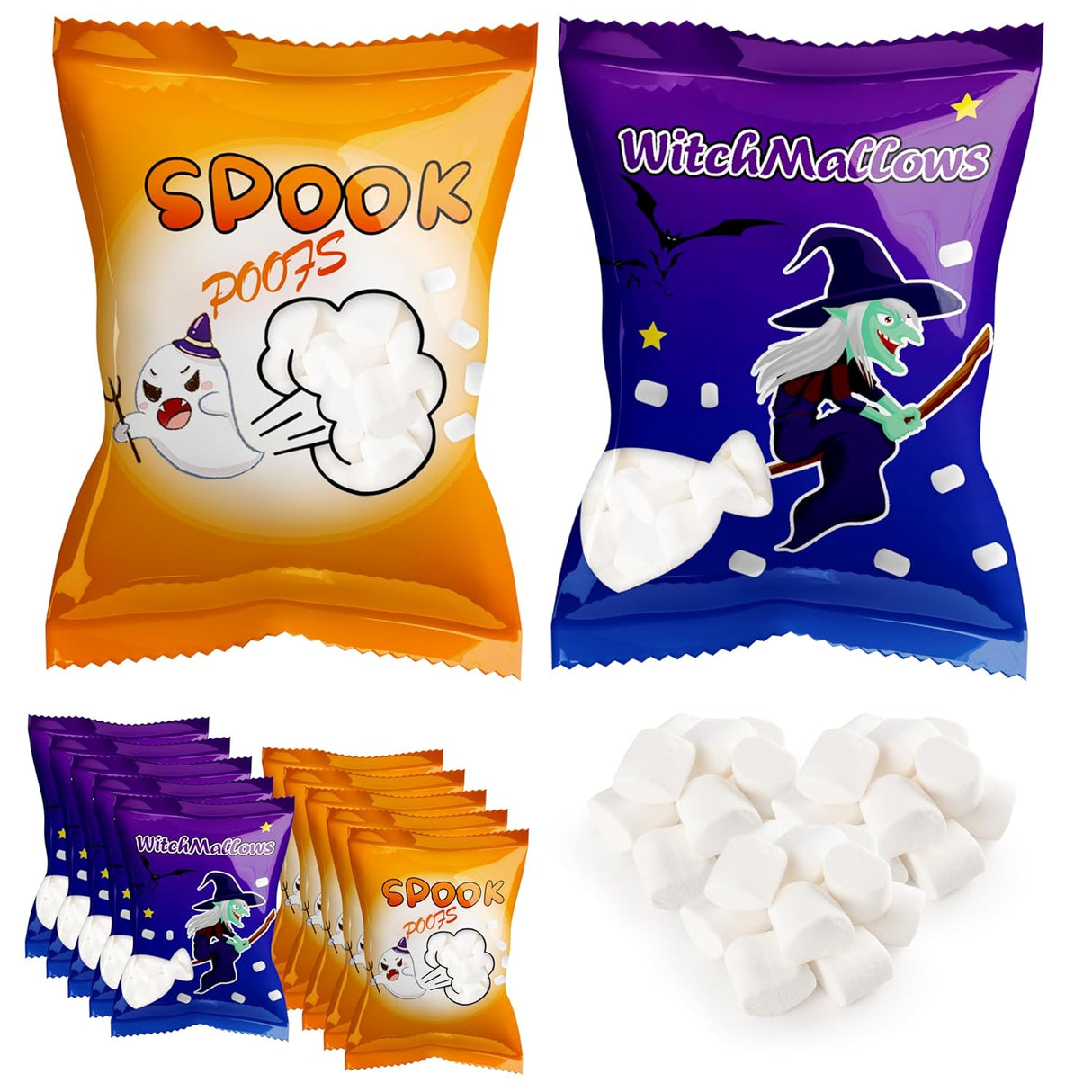 4E's Novelty Halloween 50 Mini Marshmallows Per Pack Per Pack 2 Styles, Vanilla Halloween Candy for Treat or Trick