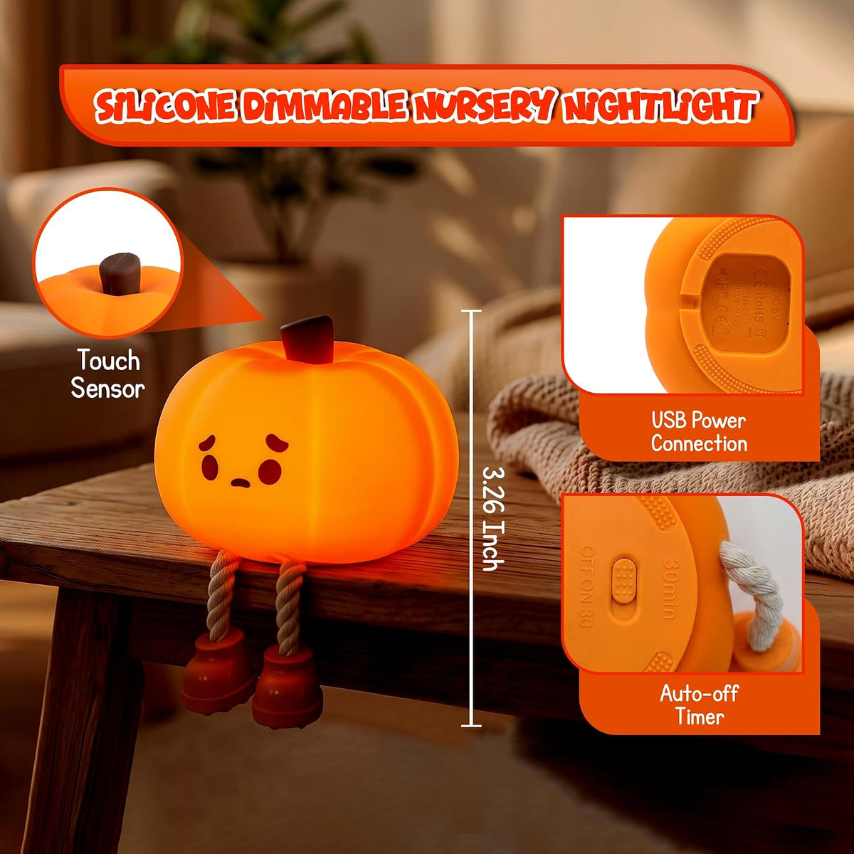 4E's Novelty Cute Rechargeable Pumpkin Night Light