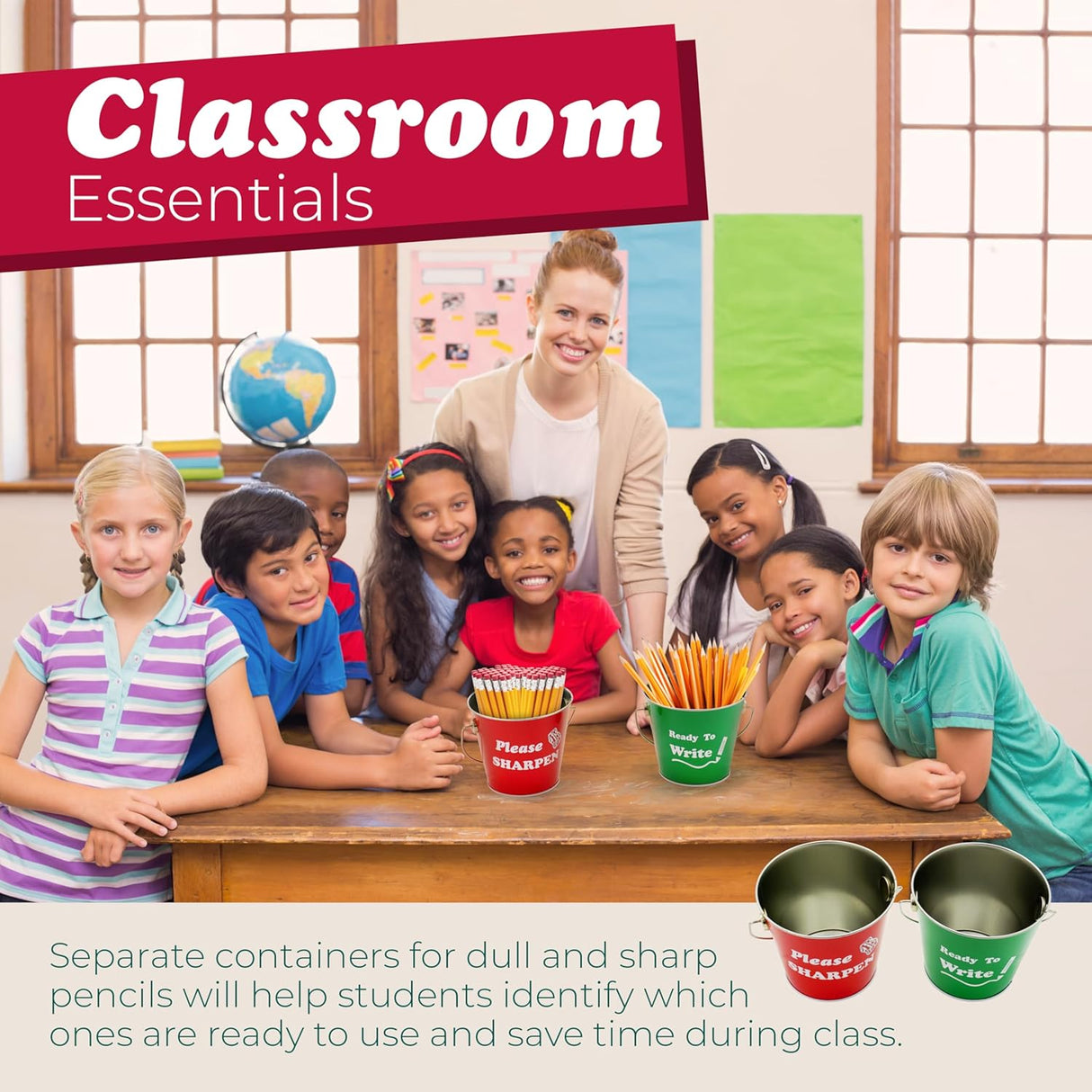 4E's Sharp & Dull Pencil Buckets Set – Metal Classroom Organizer