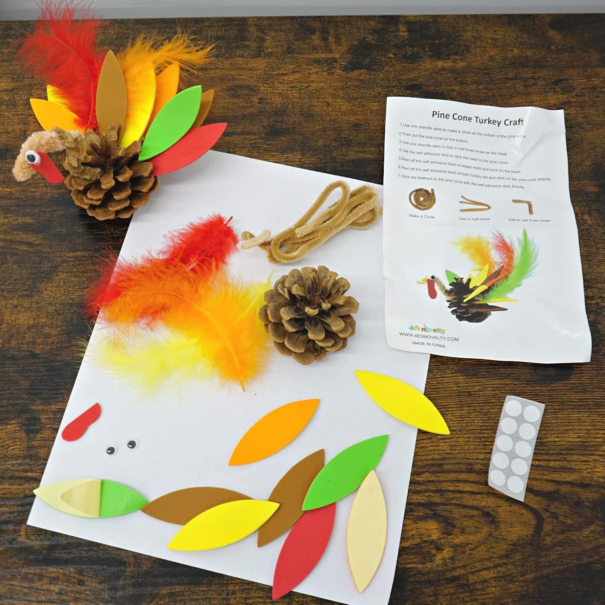 4E's Novelty 4 Pack Pinecone Turkey Craft Kit - DIY Thanksgiving Crafts for Kids & Adults, Turkey Arts and Crafts, Thanksgiving Table Decorations