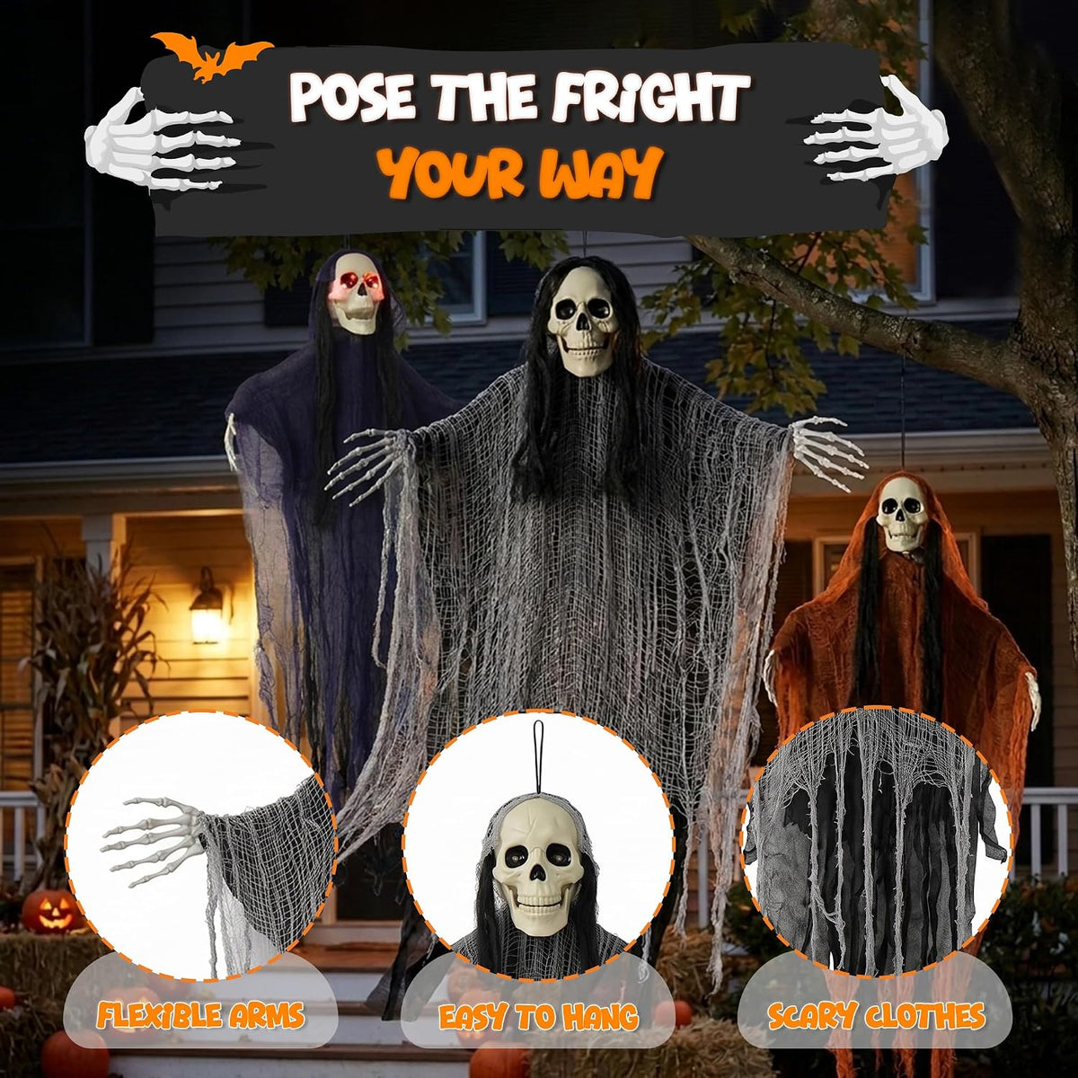 4E's Novelty 3 Pack Scary Halloween Hanging Skeleton Ghosts