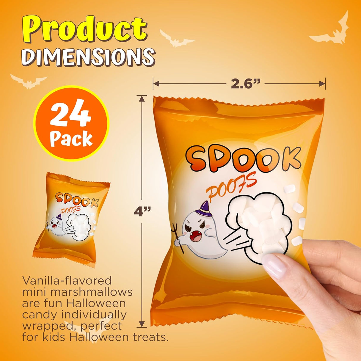 4E's Novelty 24 Pack Mini Marshmallows Indvidually Wrapped, Spook Poofs, Vanilla Flavor - Halloweens Candy Individually Wrapped for Kids in Bulk
