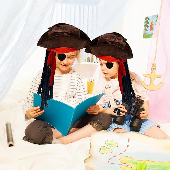 4E's Novelty 3 Pcs Set Pirate Hat with Dreadlocks Adult Size - Tricorn Pirate Hat - Caribbean Pirate Costume Accessories for Men Women & Kids Dress Up
