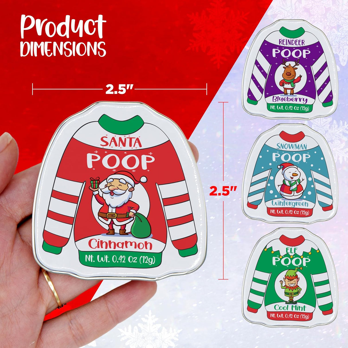 4E's Novelty Christmas Poop Mint Candy – Funny Stocking Stuffers in Ugly Sweater Tins (4 Pack)