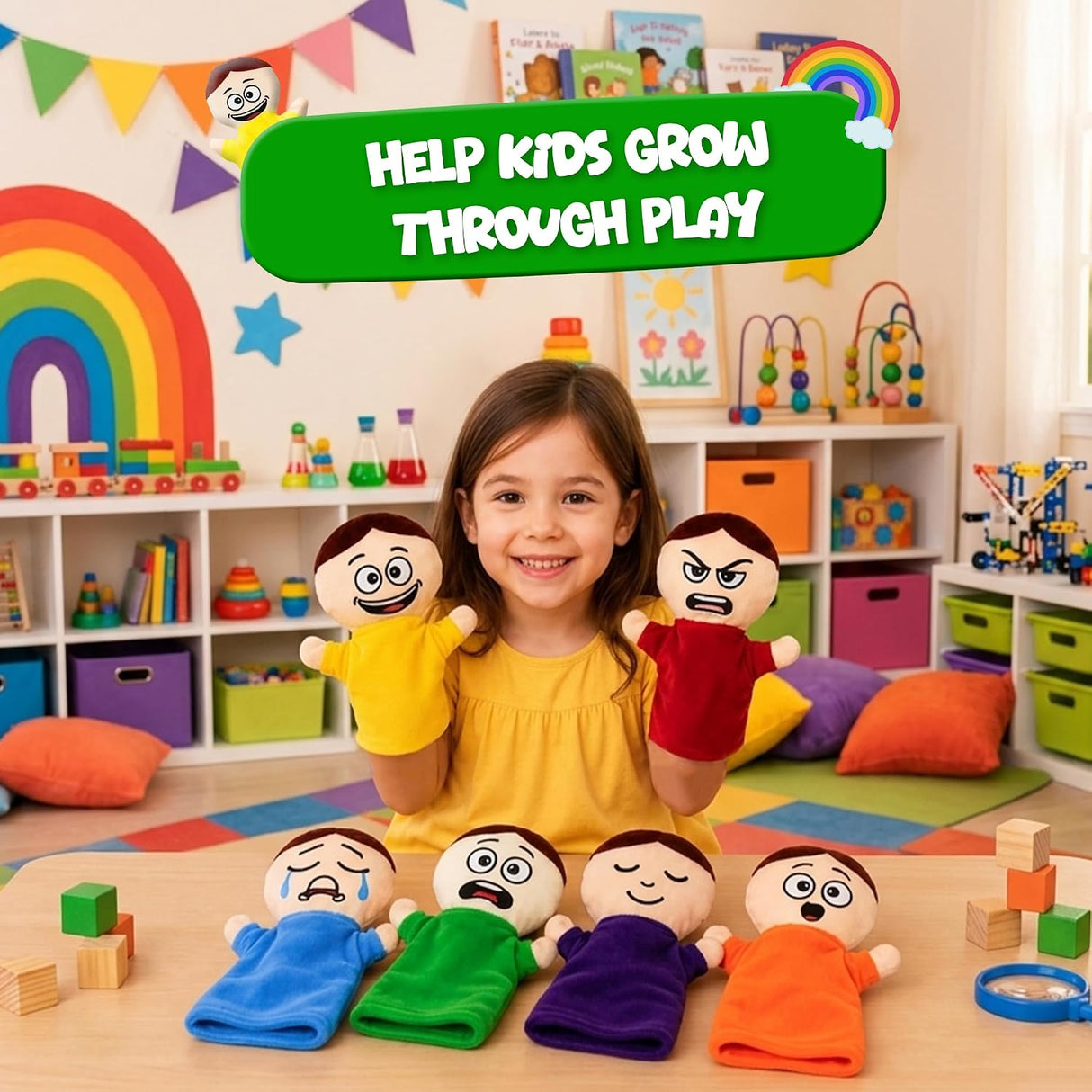6 Pack Hand Puppets with Emotions - Soft Plush for Kids