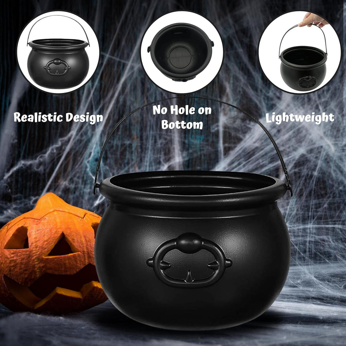 4E's Novelty Large Plastic Black Cauldron – 7" St. Patrick's Day Pot of Gold Decoration, Candy Holder