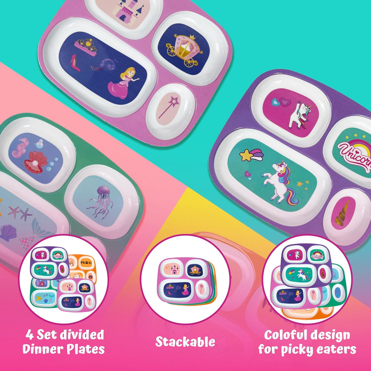 4 Kids Melamine Plates - Divided, BPA Free, Fun Themes
