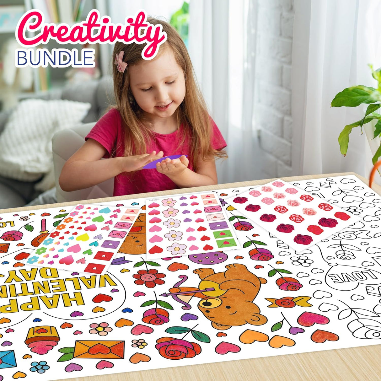 4E's Novelty Valentine Coloring Tablecloth & Stickers Set