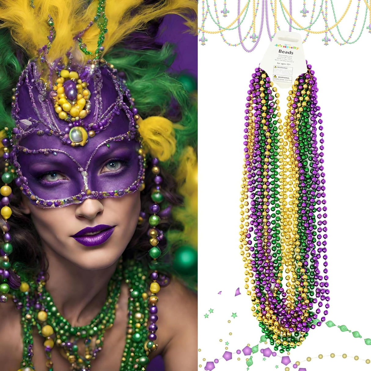 4E's Novelty Bulk 72 Mardi Gras Bead Necklaces – 33" Long, 7mm Thick Party Favors