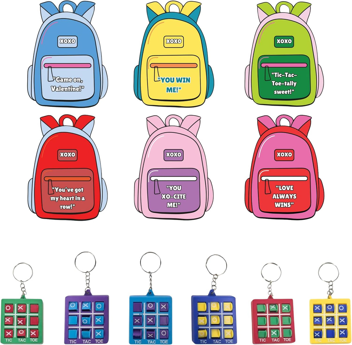 4E's Novelty 24 Pack Classroom Valentine Cards with Tic Tac Toe Keychains
