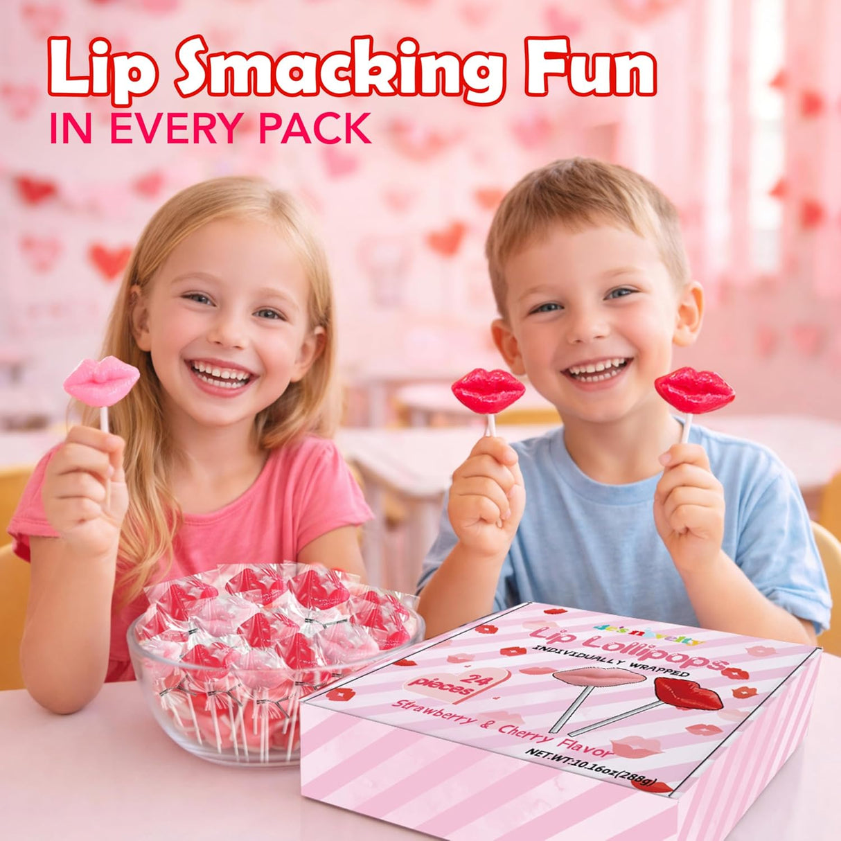 4E's Novelty 24 Pack Lip Lollipops, Individually Wrapped Yummy Lips Lollipop Bulk